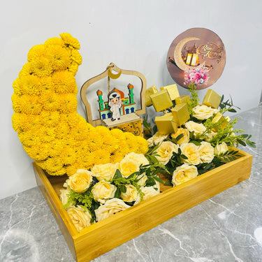 Title: Elegant Ramadan Yellow Crescent Gift Tray
